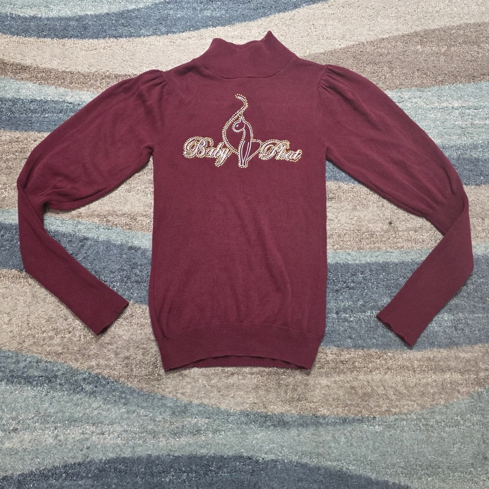 Baby Phat Sweater With High Neck Fitted Sleeves Burgundy Red Good Graphic Size S
